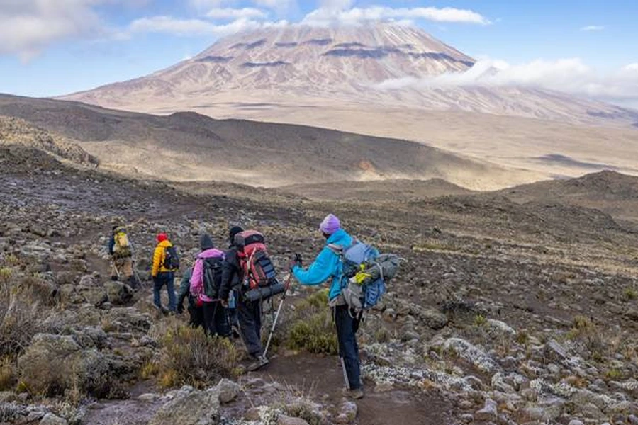 Mount Kilimanjaro trekking party on route to the summit ahead. Wearing climbing gear on a sunny day.
