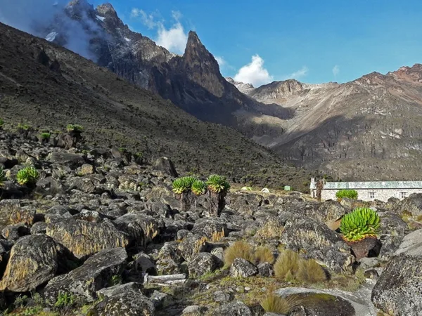 Rugged terrain of Mount Kenya Naro Moru route with Met Station Cabin and peaks in the distance