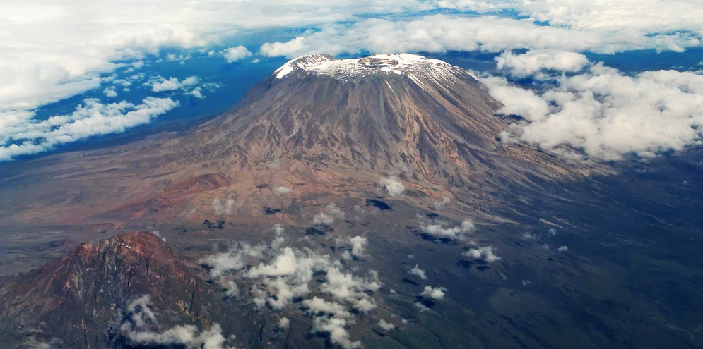 An aerial view of Mt Kilimanjaro with its peak that tourists on Mount Kilimanjaro hike aim to reach