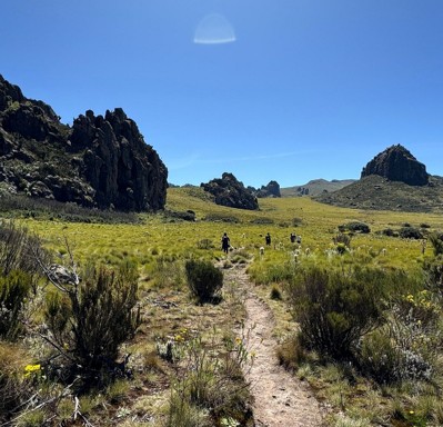 Hikers on the trails of Aberdares Ranges heading to Mount Satima and Dragon’s teeth on a sunny day