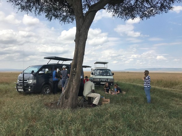 safari guides and tourists enjoying a picnic lunch under a tree in the open park grasslands