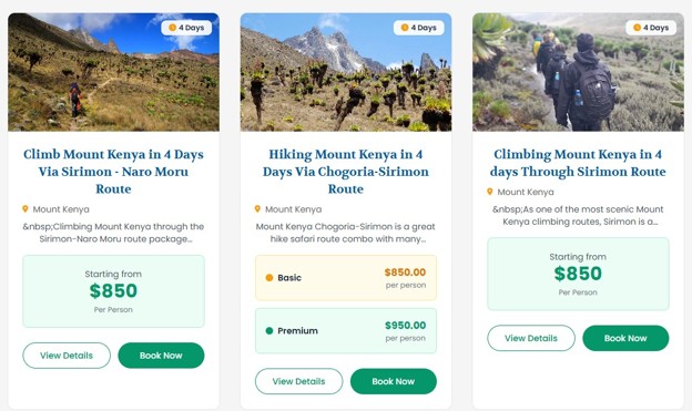 Mount Kenya trekking expedition pricing snippets showing basic and premium pricing per person