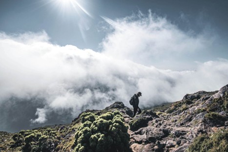 A hiker exploring the rugged terrain of Mount Kilimanjaro at high altitude on a sunny day